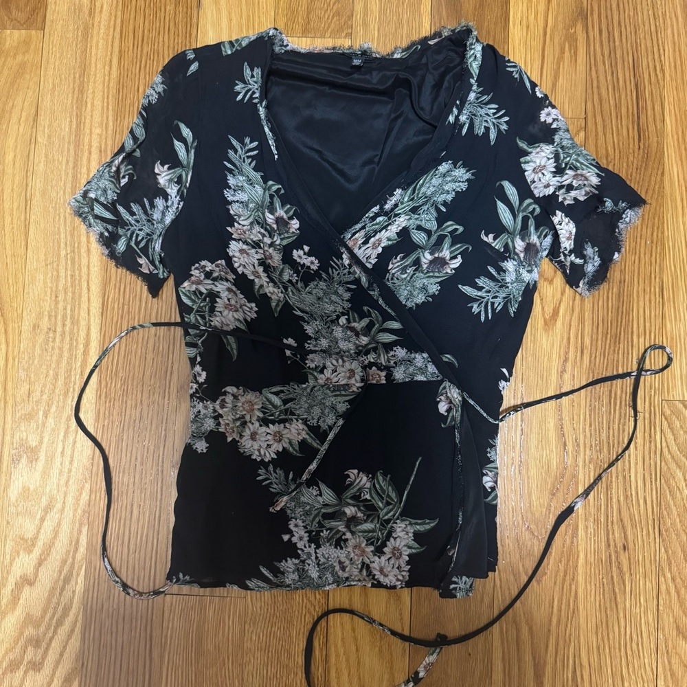 Lucky brand Floral Black Wrap Top